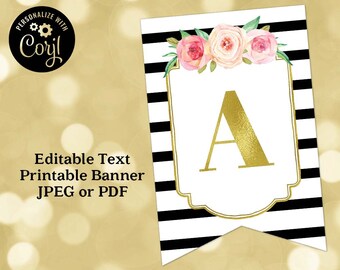 printable editable text banner black stripes pink flowers gold etsy