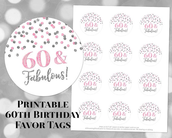 Printable 60 and Fabulous 60th Birthday Round Tags Pink and | Etsy