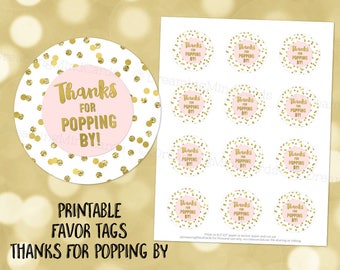 Printable Thanks for Popping By Favor Tags Light Pink Gold Confetti for Baby Shower Popcorn Instant Digital Download
