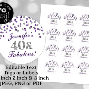May include: Printable 40th birthday party favor tags with a silver and purple confetti design. The tags are customizable with the text "Jennifer's 40 & Fabulous!" and are available in 1.5, 2, and 3 inch sizes. The tags can be printed in JPEG, PNG, or PDF format.
