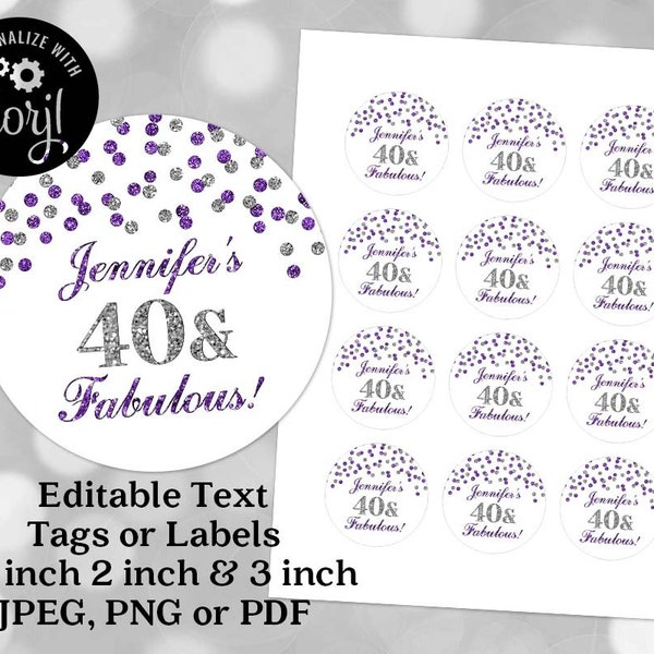 Printable Editable Text Fabulous Birthday Round Favor Tags Purple Silver Confetti Birthday Party Gift Tag Instant Digital Download Sticker