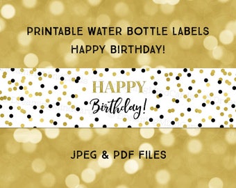 Printable Water Bottle Labels Happy Birthday Black Gold Confetti Instant Digital Download