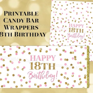Printable Candy Bar Wrapper Happy 18th Birthday Light Pink Gold Confetti Digital Download Chocolate Bar Labels Birthday Party