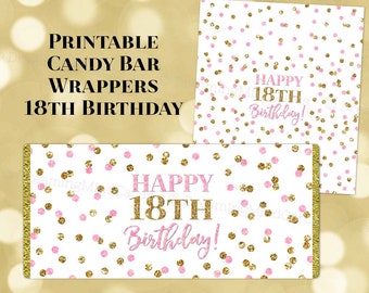 Printable Candy Bar Wrapper Happy 18th Birthday Light Pink Gold Confetti Digital Download Chocolate Bar Labels Birthday Party