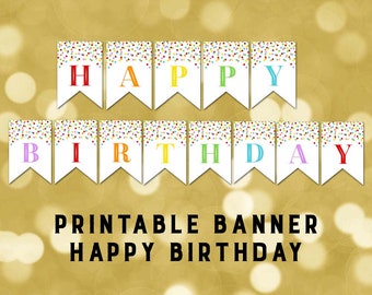 Printable Happy Birthday Banner Rainbow Confetti Bunting Instant Digital Download Birthday Party