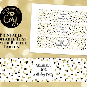 Printable Editable Text Birthday Water Bottle Label Black and Gold Confetti Digital Download Birthday Party
