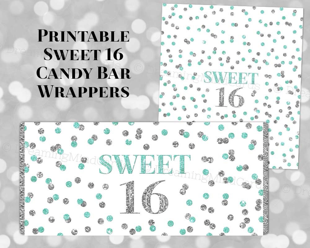 Printable Candy Bar Wrapper Sweet 16 Birthday Turquoise Blue Silver ...
