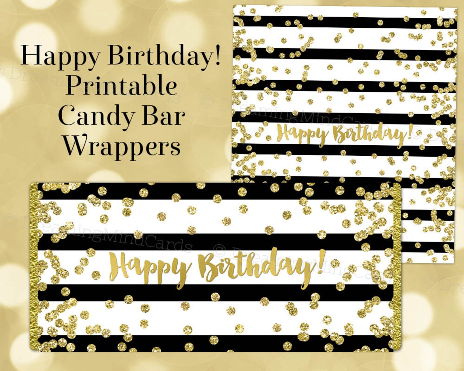 Printable Candy Bar Wrapper Happy Birthday Black Stripes Gold Confetti ...