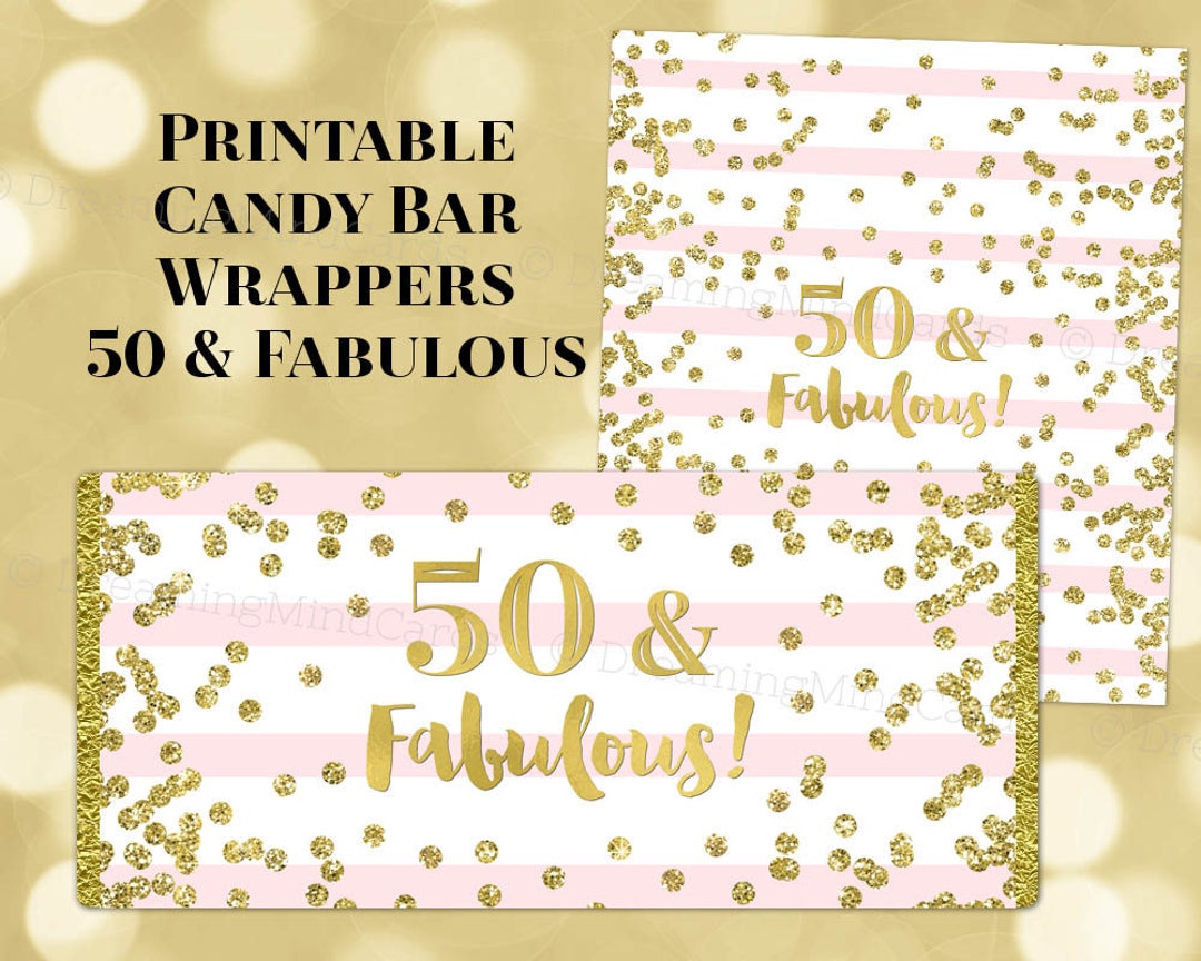 Printable Candy Bar Wrapper 50 &amp; Fabulous Blush Pink Stripes Gold ...