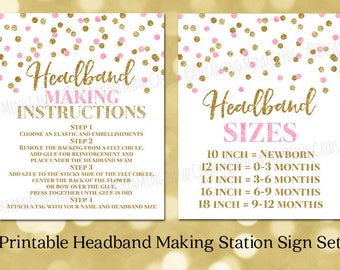 Printable Headband Making Station Instructions and Sizes Sign Set 8x10 Pink Gold Glitter Confetti Baby Shower Digital Download