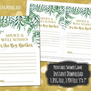 Impression de conseils et de vœux pour le grand frère Jeu pour baby shower Feuilles d'eucalyptus botaniques or Téléchargement numérique instantané