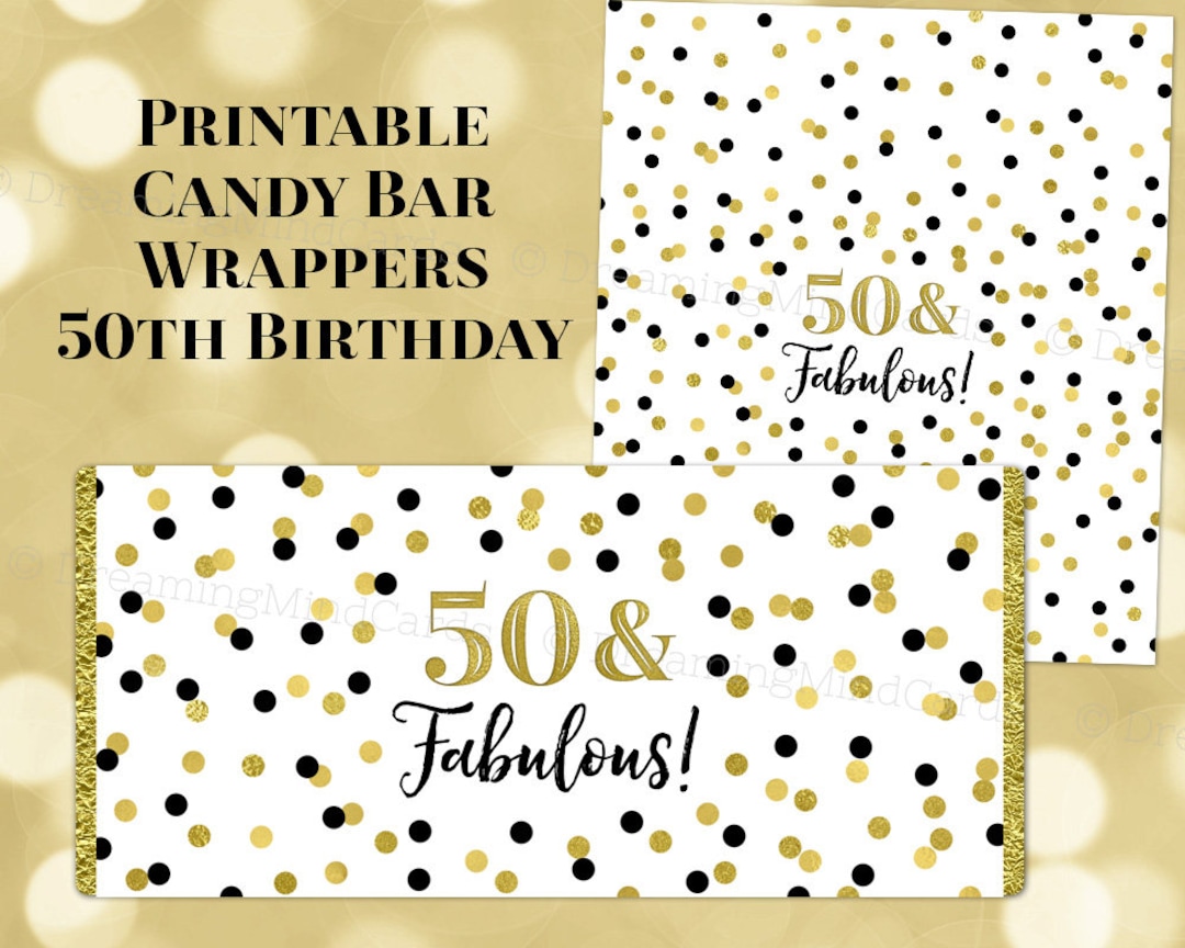 Printable Candy Bar Wrapper 50 &amp; Fabulous Black and Gold Confetti ...