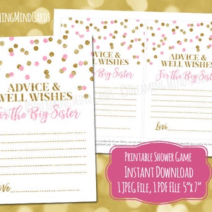 Afdrukbaar advies en goede wensen voor het grote zus-spel voor babyshower Pink Gold Glitter Confetti Instant Digitale Download