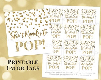 Printable She's Ready to Pop Favor Tags Gold Glitter Confetti for Baby Shower Popcorn Instant Digital Download