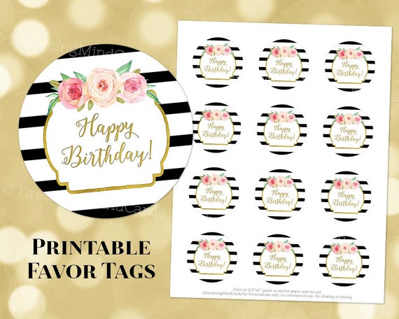 Printable Happy Birthday Round Tags Black Stripes Pink Flowers | Etsy