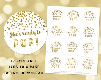 Printable She&#39;s Ready to Pop Favor Tags Gold Glitter Confetti for Baby Shower Popcorn Instant Digital Download