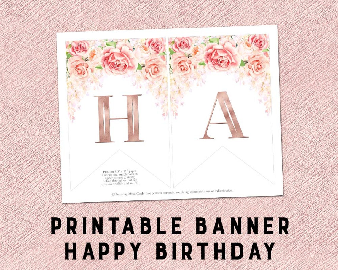Printable Happy Birthday Banner Pink Floral Rose Gold Bunting - Etsy