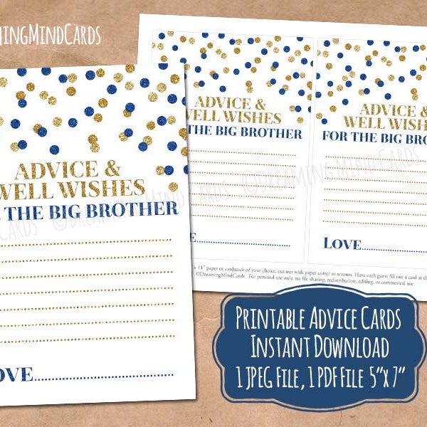 Printable Advice and Well Wishes for the Big Brother Game for Baby Shower Blue Gold Confetti Instant Digital Download