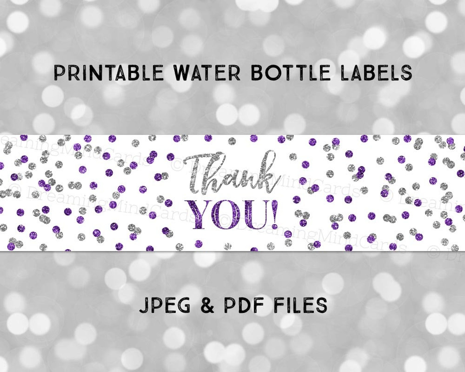 Printable Water Bottle Labels Thank You Dark Purple Silver | Etsy