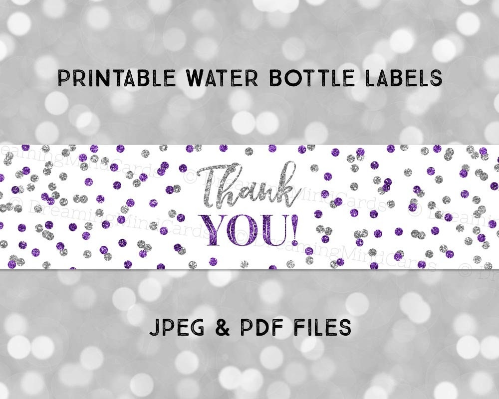Printable Water Bottle Labels Thank You Dark Purple Silver | Etsy
