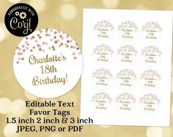 Printable Editable Text Round Favor Tags Pink Gold Glitter Confetti Birthday Party or Baby Shower Gift Tag Instant Digital Download Sticker