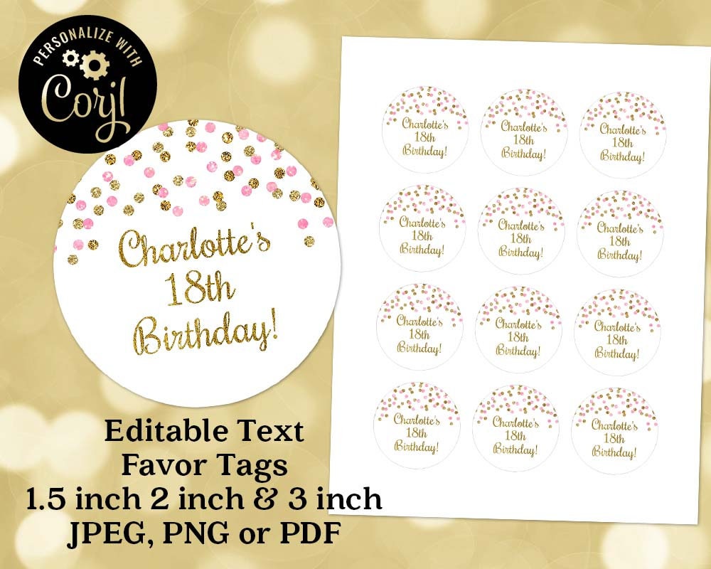 printable editable text round favor tags pink gold glitter etsy australia