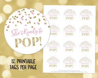 Wydrukuj She's Ready to Pop Okrągłe Tagi Upominkowe Jasnoróżowe Złote Brokatowe Konfetti Na Baby Shower Popcorn Natychmiastowe Pobranie Cyfrowe