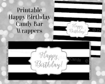 Printable Candy Bar Wrapper Happy Birthday Black and White Stripes Silver Digital Download Chocolate Bar Labels