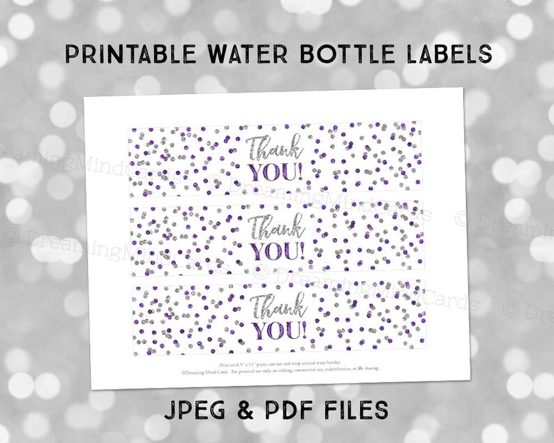 Printable Water Bottle Labels Thank You Dark Purple Silver | Etsy
