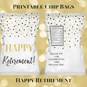 Printable Mini Chip Bag Happy Retirement Black Gold Confetti Digital Download Retirement Party