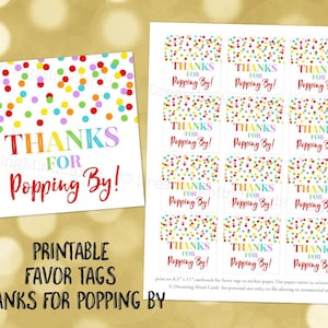 Printable Thanks for Popping By Favor Tags Rainbow Confetti for Baby Shower Popcorn Birthday Instant Digital Download