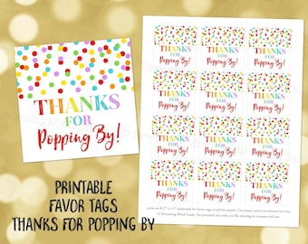 Printable Thanks for Popping By Favor Tags Rainbow Confetti for Baby Shower Popcorn Birthday Instant Digital Download