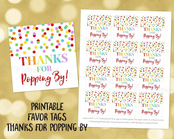 Printable Thanks for Popping By Favor Tags Rainbow Confetti for Baby Shower Popcorn Birthday Instant Digital Download
