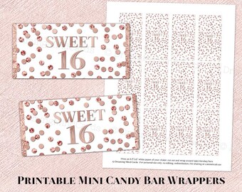 Printable Mini Candy Bar Wrapper Labels Sweet 16 Birthday Party Rose Gold Confetti Digital