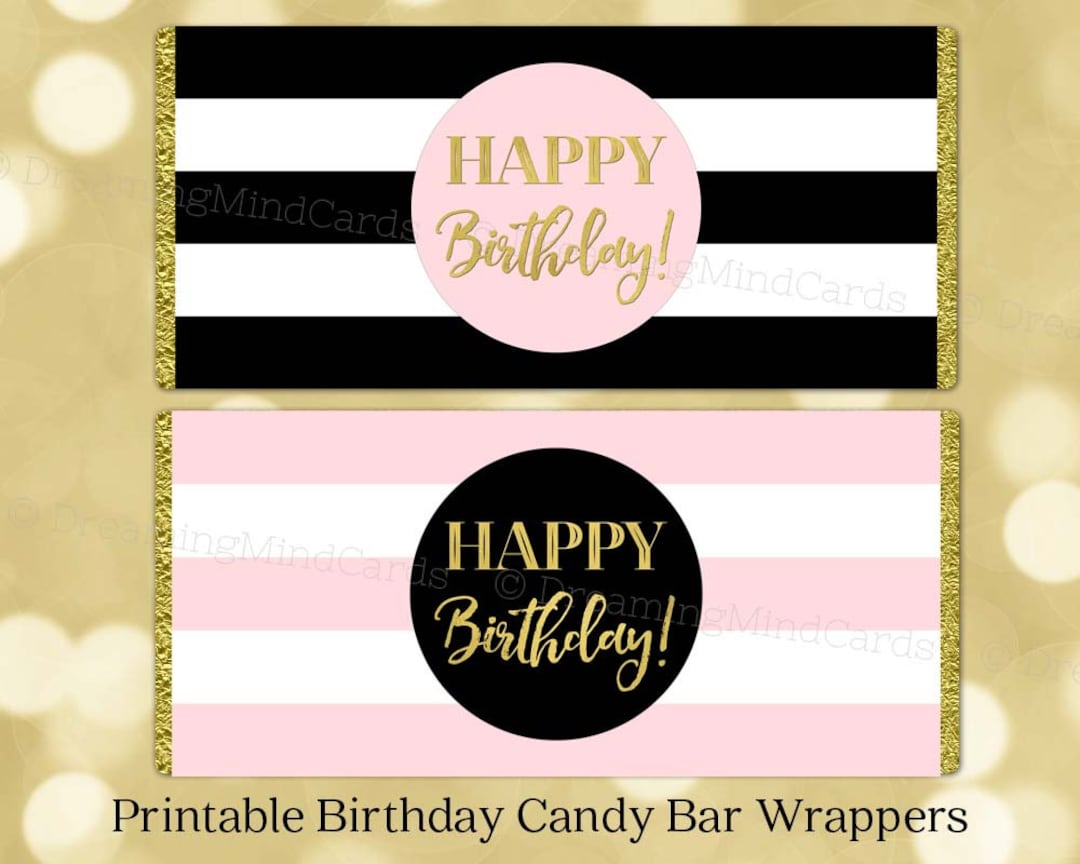 Printable Candy Bar Wrapper Happy Birthday Black and Blush Pink Stripes ...