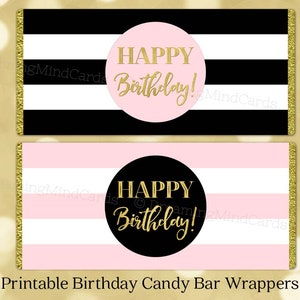 Printable Candy Bar Wrapper Happy Birthday Black and Blush Pink Stripes ...