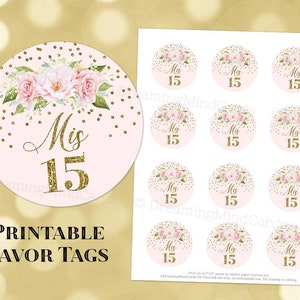 Printable Quinceanera 15th Birthday Party Round Tags Blush Watercolor Flowers Gold Glitter Instant Digital Download Labels Stickers Tags