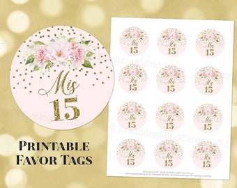 Printable Quinceanera 15th Birthday Party Round Tags Blush Watercolor Flowers Gold Glitter Instant Digital Download Labels Stickers Tags