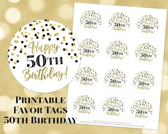 Printable Happy 50th Birthday Round Tags Black and Gold Confetti Instant Digital Download Labels Stickers or Tags