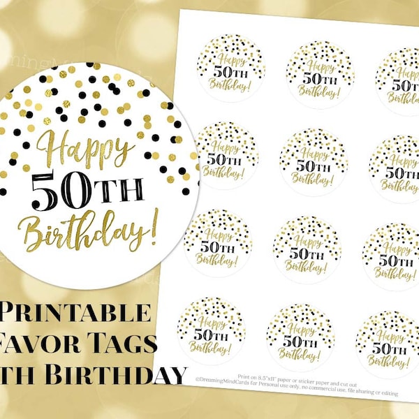 Printable Happy 50th Birthday Round Tags Black and Gold Confetti Instant Digital Download Labels Stickers or Tags