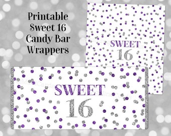 Printable Candy Bar Wrapper Sweet 16 Birthday Dark Purple Silver Confetti Digital Download Chocolate Bar Labels