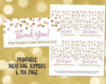 Printable Thank You Treat Bag Toppers Light Pink Gold Confetti Wedding Baby Shower Birthday Instant Digital Download Favor Bag Labels