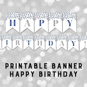 Druckbare Happy Birthday Banner Dunkelblau Silber Glitzer Konfetti Wimpelkette Sofort Digitaler Download Geburtstagsparty