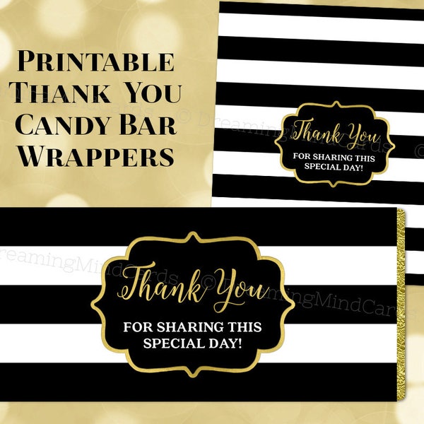 Printable Candy Bar Wrapper Labels Thank You Black Stripes Gold Birthday Wedding Baby Shower Bridal Shower Digital