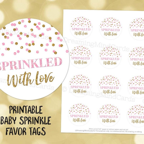 Printable Sprinkled With Love Baby Sprinkle Round Favor Tags Light Pink Gold Confetti for Baby Shower Instant Digital Download