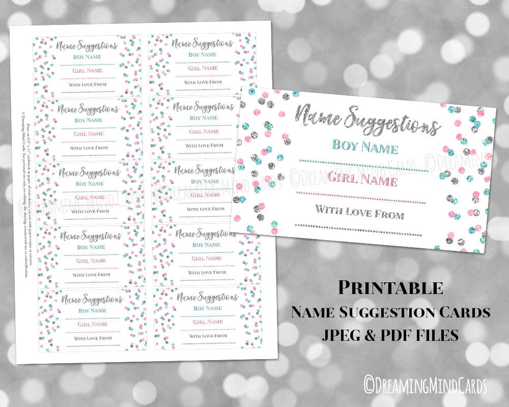 Name Suggestion Card for Baby Shower Printable Silver Pink Blue Stripes Pattern Boy and Girl Gender Neutral Instant Digital Download