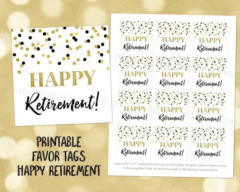Printable Happy Retirement Favor Tags Gold Black Confetti - Etsy Australia