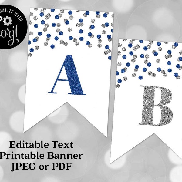 Printable Editable Text Banner Blue and Silver Confetti Digital Download Birthday, Baby Shower, Retirement, Graduation
