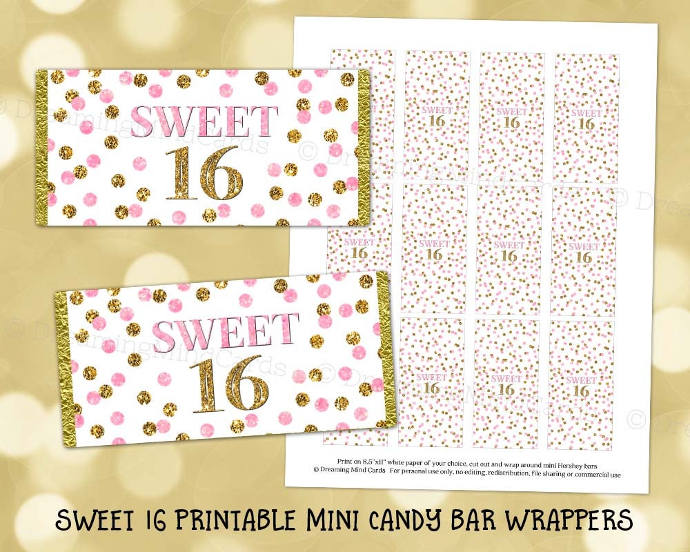 Printable Mini Candy Bar Wrapper Labels Sweet 16 Birthday Party Light ...