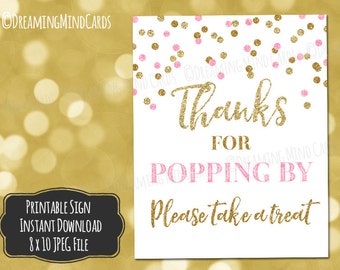 Printable Thanks for Popping By Popcorn Bar Sign 8x10 Light Pink Gold Glitter Confetti Baby Shower Digital Download